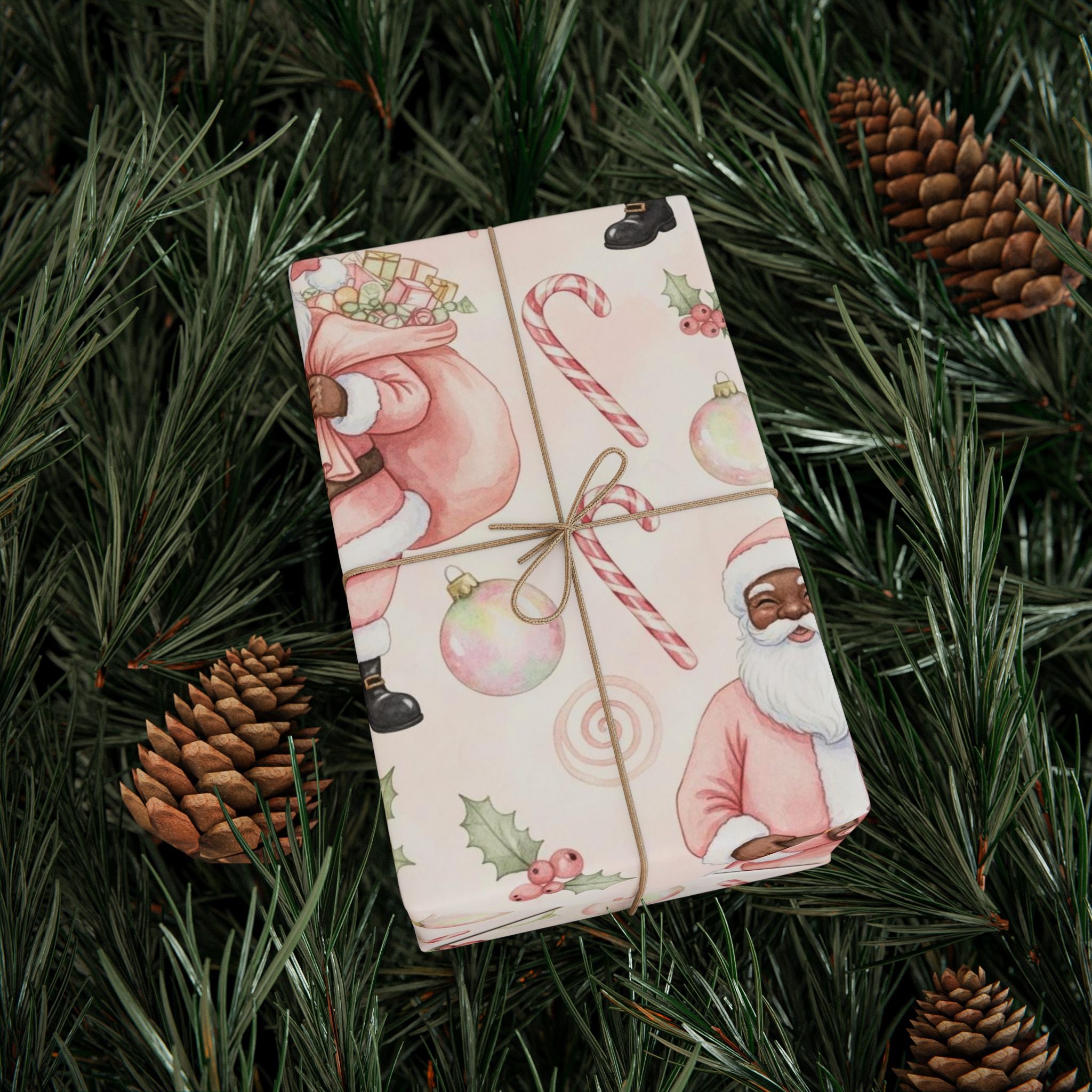 Pink Black Santa Wrapping Paper | African American Santa Gift Wrap | Girly Christmas Paper | Modern Holiday Decor | Festive Pastel Xmas Wrap