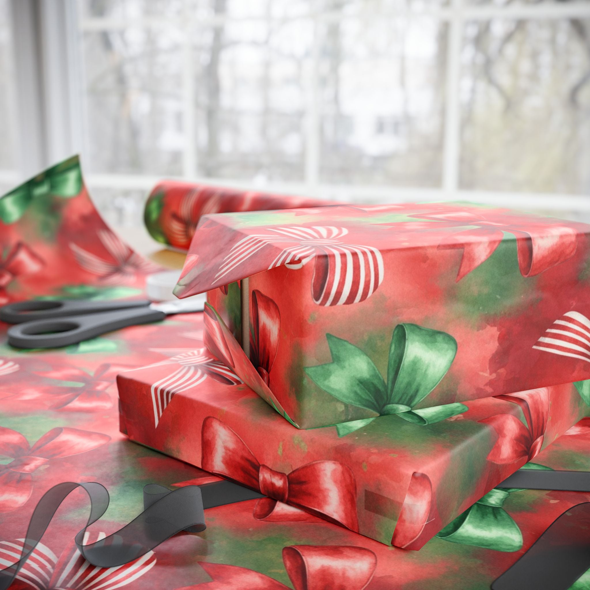 Christmas Wrapping Paper, Festive Red Green Bows Holiday Gift Wrap for Family Friends Teachers, Watercolor Design