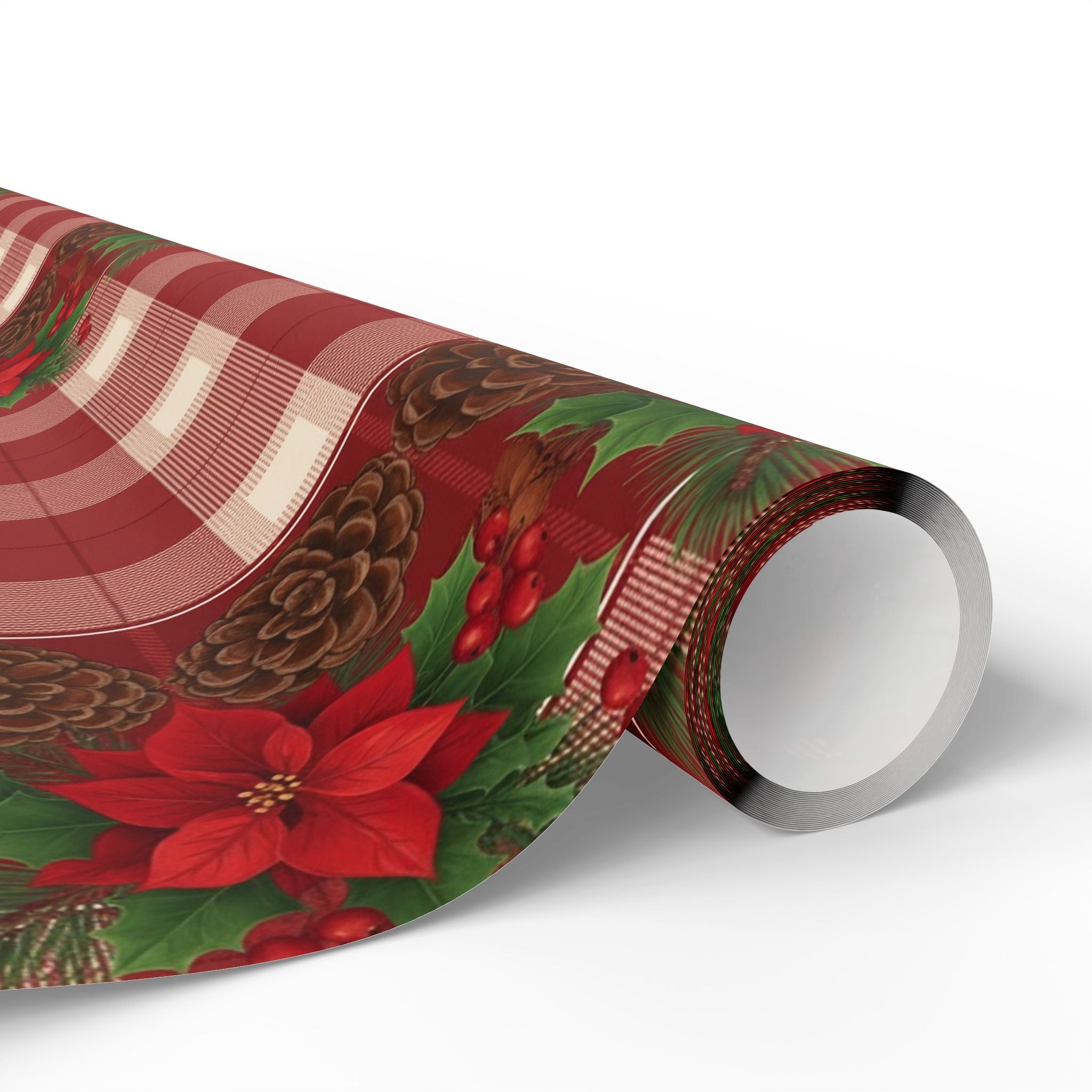 Poinsettia Pinecone Plaid Wrapping Paper