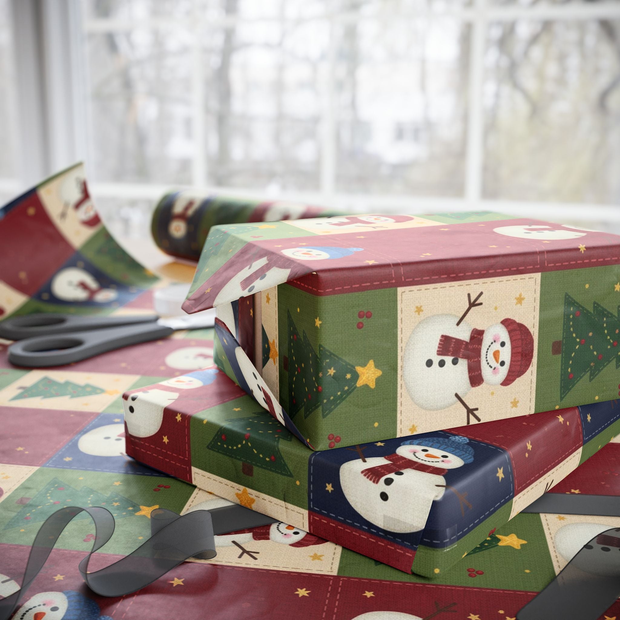 Snowman & Christmas Quilt Tree Wrapping Paper | Holiday Pattern Roll