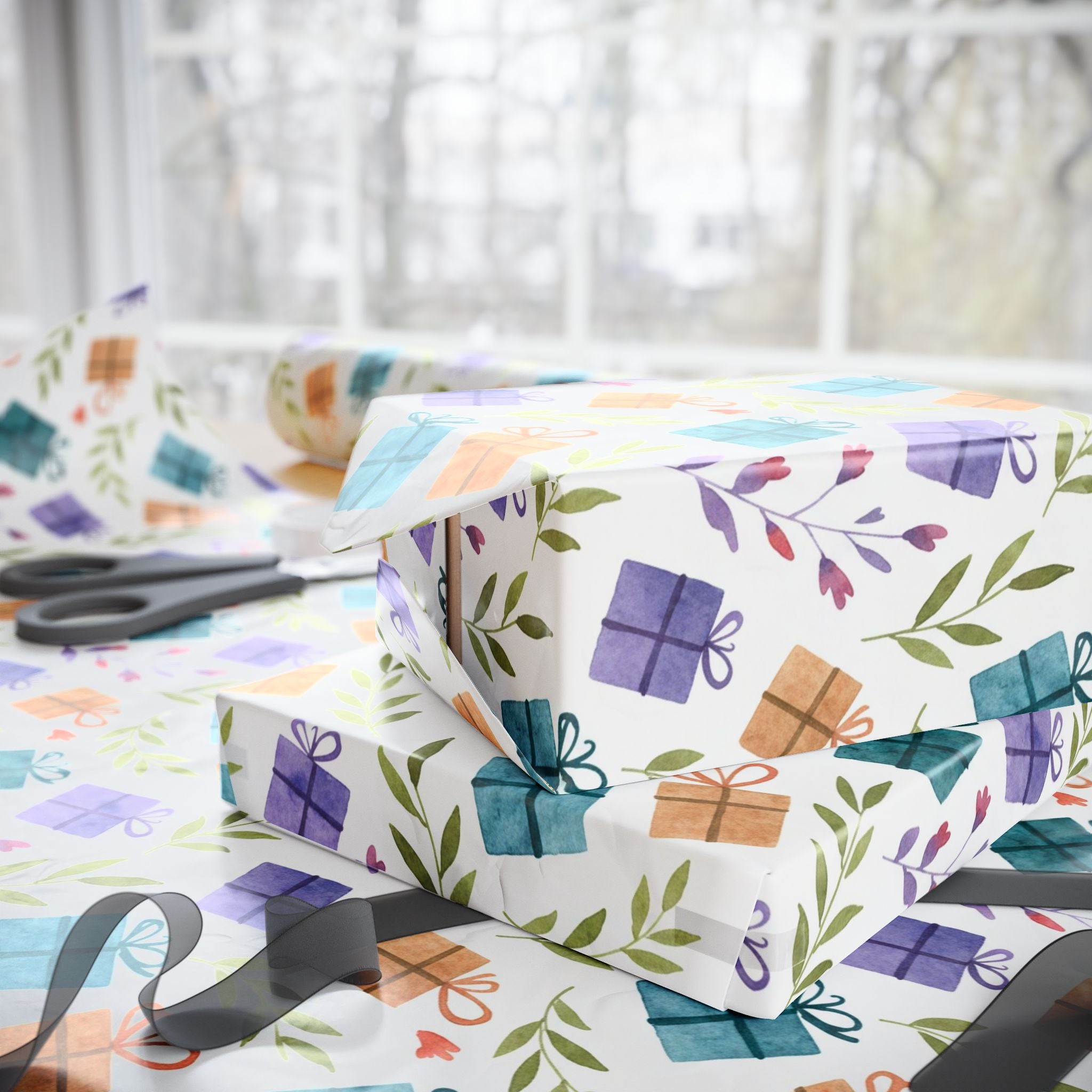 Gift Wrap Paper — Watercolor Presents & Greenery Pattern, Birthday & Holiday Wrapping Sheets