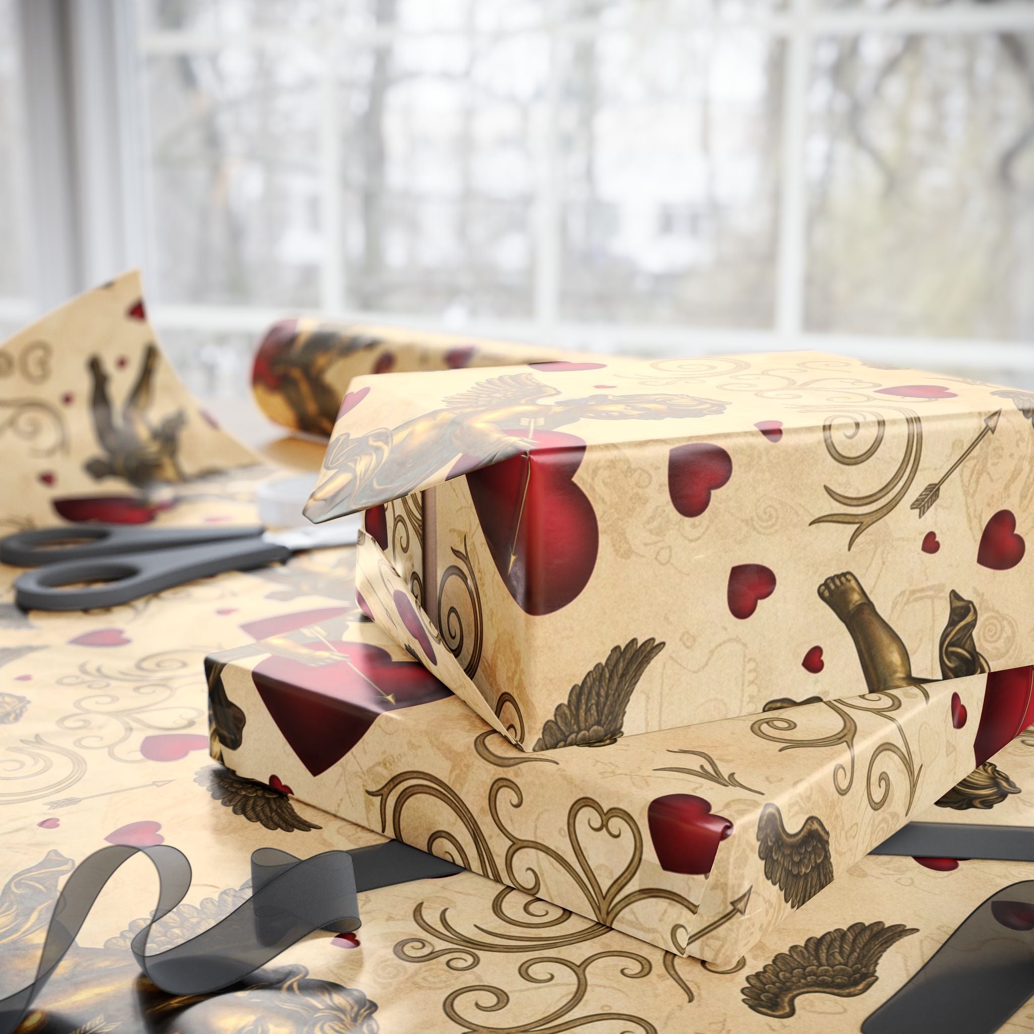 Vintage Cupid Pattern Wrapping Paper | Valentine Heart Gift Wrap