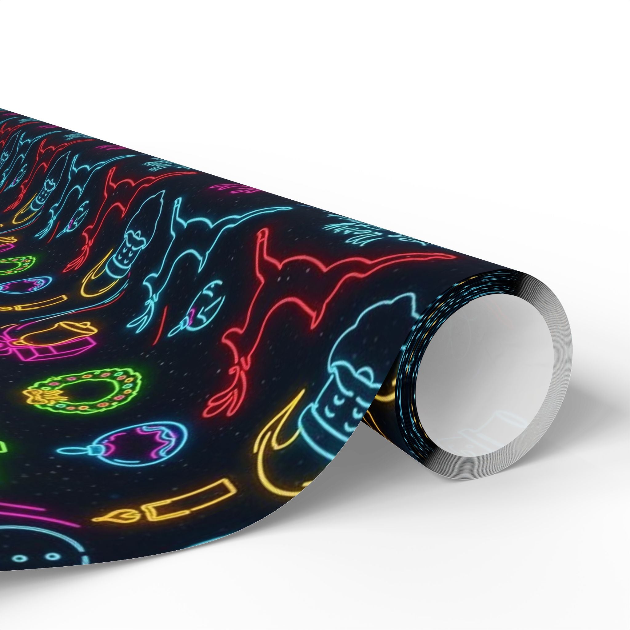 Black Neon Christmas Wrapping Paper | Trendy Teen Gift Wrap | Modern Holiday Paper | Bright Reindeer Wreath Candle  Festive Xmas Decor