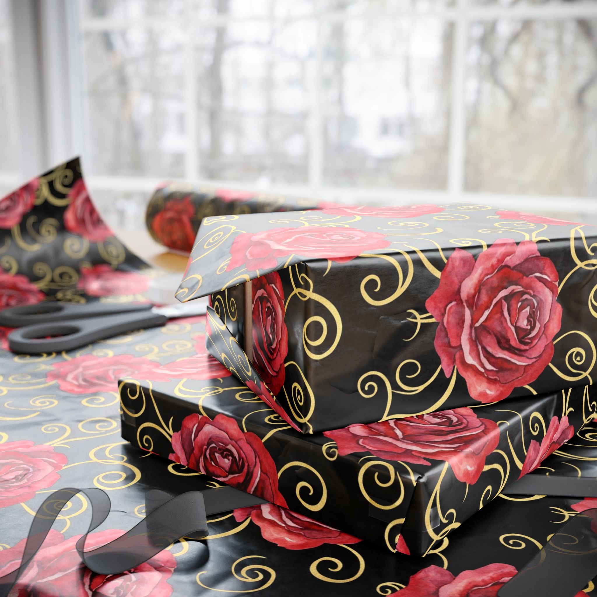 Red Rose Swirl Wrapping Paper | Floral Gift Wrap, Black & Gold
